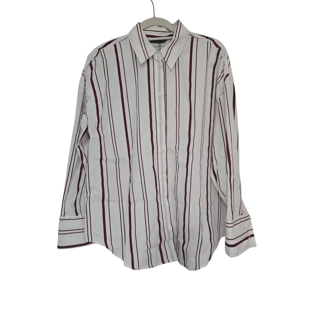 Zara Striped Button Down Relaxed Fit 100% Cotton Burgundy White Size M NWOT - Picture 2 of 9
